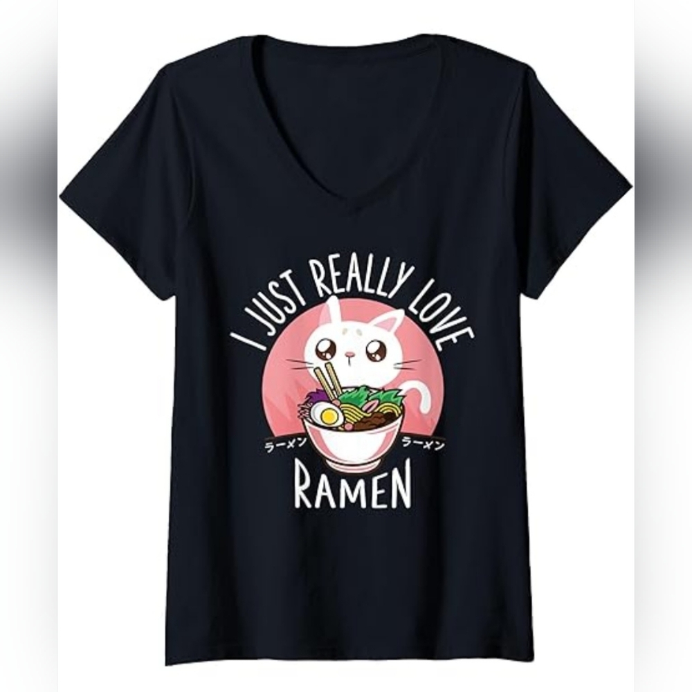 Kawaii Cat 'I just really love ramen' Black Short Sleeve Graphic Tee Lg.